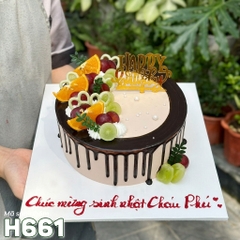 Bánh kem H661 phủ socola chảy cùng trái cây tươi decor hiện đại