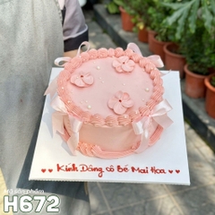 Bánh kem H672 tone hồng pastel đính nơ lụa dịu dàng