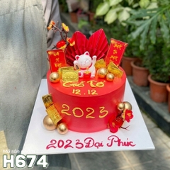 Bánh kem H674 mèo thần tài đón lộc màu đỏ may mắn