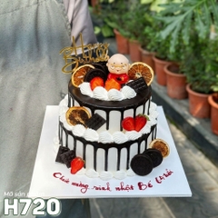 Bánh kem H720 hai tầng đen trắng trang trí mô hình ông thọ và trái cây
