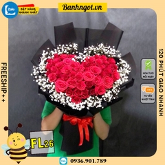 Bó hoa tươi FL26 rất nhiều hoa hồng tạo trái tim viền nhiều hoa bi