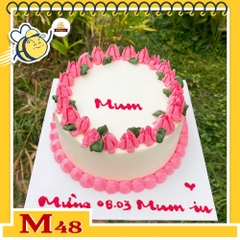 Bánh kem M48 sinh nhật mẹ nền trắng viền nhiều bông hoa tulip xinh đẹp màu hồng