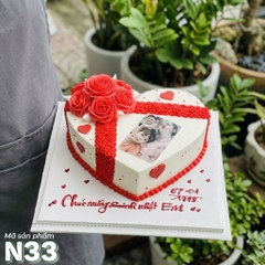 Bánh kem N33 khuôn trái tim thắt nơ hoa đỏ siêu xinh kèm in ảnh