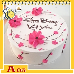 Bánh kem sinh nhật đơn giản A03 màu trắng trang trí nhiều cành hoa đào màu hồng tươi tắn