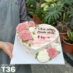 Bánh kem T36 trái tim sinh nhật mẹ bắt hoa hồng màu trắng và hồng kem xinh