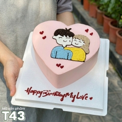 Bánh kem T43 trái tim màu hồng vẽ hình chibi cặp đôi tặng người yêu