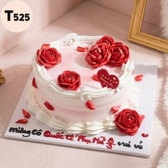 Bánh kem 8/3 T525 cốt trắng phủ hoa hồng đỏ kiêu sa rực rỡ