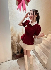 Set áo nhung đỏ kim tuyến peplum chân váy trắng