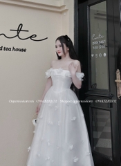 Đầm tafta hoa trễ vai dáng xòe