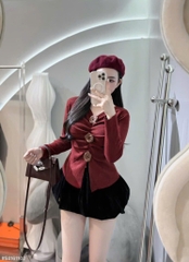 Set áo tay dài hoa nổi chân váy nhung