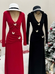 Đầm ôm body tay dài đính bướm - Đen