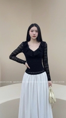 Áo ren ôm body cổ V bèo - Đen 1511