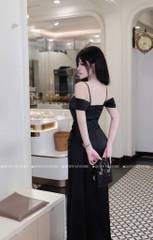 Đầm lụa 2 dây trễ vai - Đen
