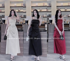 Đầm lụa 2 dây ngực xếp li đính hoa cổ