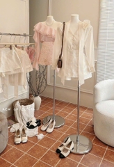 Set voan nude kết hoa vai thắt nơ cổ x chân váy ren