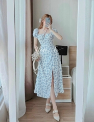 Đầm maxi hoa xanh midi nhíu ngực
