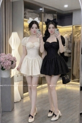 Đầm cổ vuông chấm bi - Kem