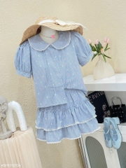 Set hoa nhí cổ sen chân váy - Xanh S