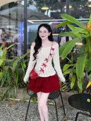 Set áo len lông bẹt vai đính nơ chân váy nhung