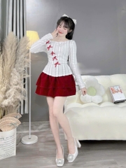 Set áo len lông bẹt vai đính nơ chân váy nhung