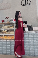 Đầm lụa lệch vai buộc nơ dài - Đỏ