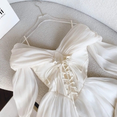Set áo voan nude 2 dây trễ vai tay loe