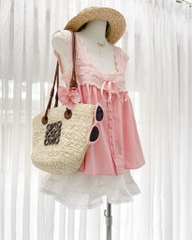 Set Babydoll áo ren hồng chân váy xòe  - S eo 64
