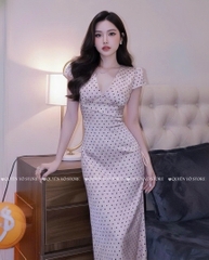 Đầm lụa cổ V - Chấm bi nâu tây