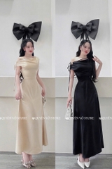 Đầm lụa lệch vai tag bướm - Đen