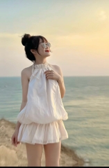 Set áo nude cổ yếm xòe phồng - Freesize