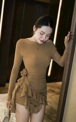 Đầm ôm body thun ánh kim - Nâu