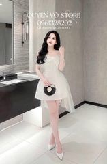 Đầm trễ vai lưới đính hoa - Trắng