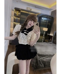 Set áo ren nude cổ sen chân váy bí