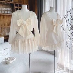Set voan nude nơ ngực x chân váy tầng
