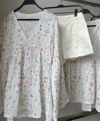 Set Babydoll hoa cổ V tay loe