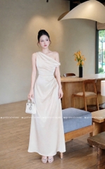 Đầm lụa lệch vai xếp ly eo - Kem