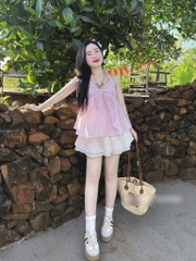 Set áo peplum sọc hồng cổ yếm chân váy xòe