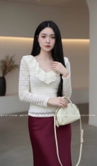 Áo ren ôm body cổ V bèo - Kem 1511