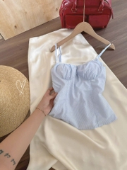 Set áo 2 dây xanh chân váy midi lụa