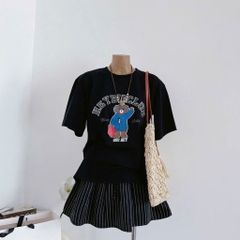 Set áo thun đen gấu chân váy sọc