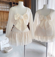 Set voan nude nơ ngực x chân váy tầng