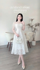 Đầm ren voan tay tiên cổ tròn - Trắng