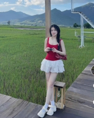 Set áo gân đỏ chân váy tơ 2 tầng