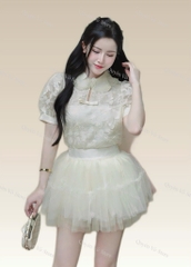 Set áo ren cổ ngọc chân váy lưới