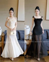 Đầm ôm body trễ vai hoa ngực - Kem