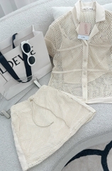 Set áo nude lưới cổ sơ mi chân váy rút dây
