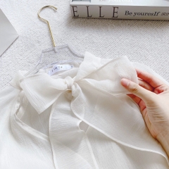 Set voan trắng nơ cổ x chân váy xòe tầng