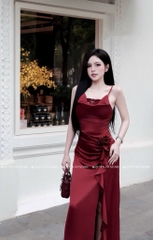 Đầm 2 dây hoa eo xẻ đùi - Đỏ