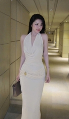 Đầm ôm body maxi thun ánh kim cổ đỗ trước