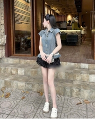 Set áo jean lai bèo chân váy tầng